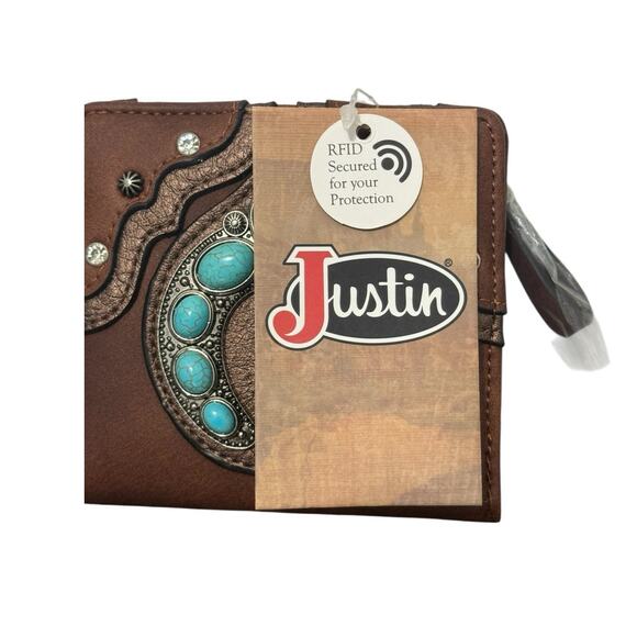 NWT! Justin Turquoise Naja Concho Brown Western Bifold Wallet - Picture 3 of 5